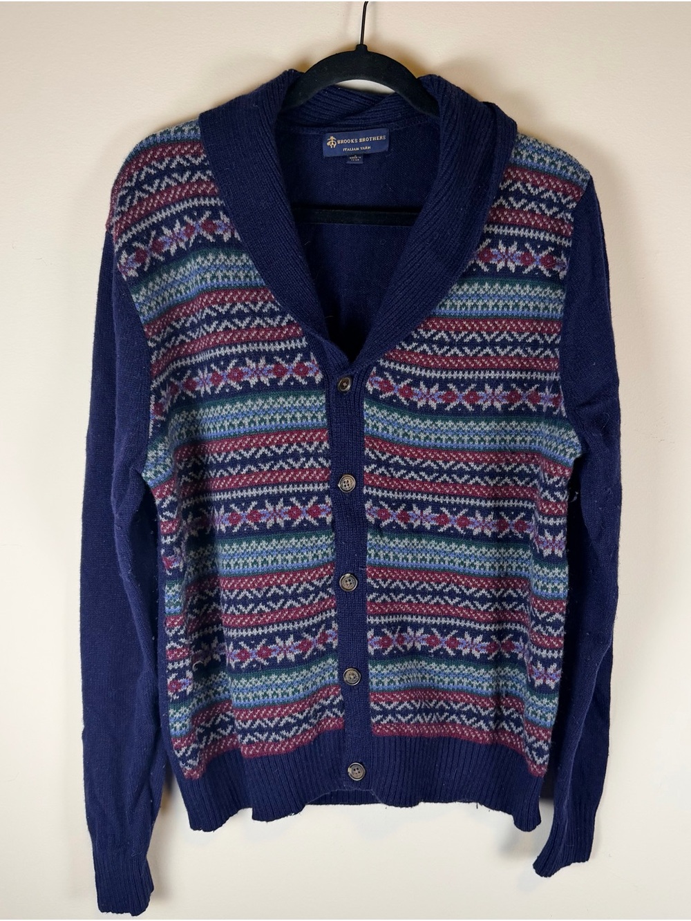 Brooks Brothers Merino Wool Navy Multicolor Fair Isle Shawl-Collar Cardigan